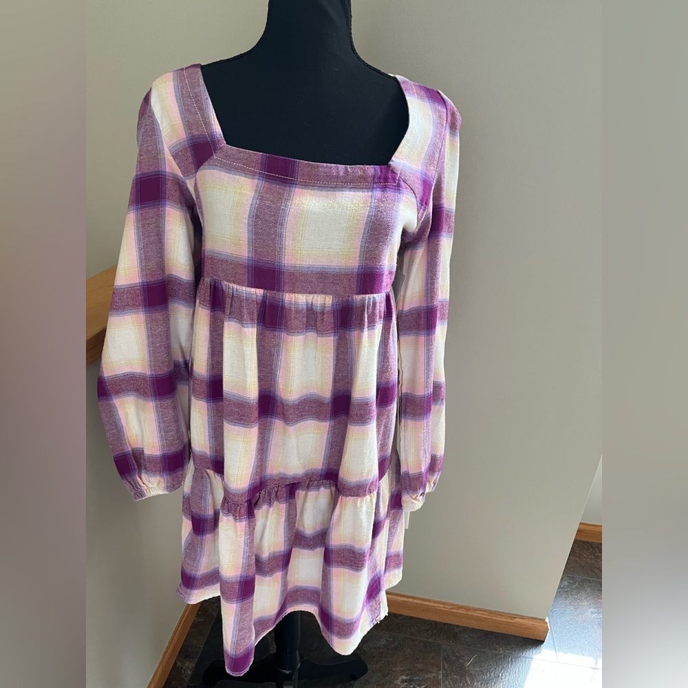 New BP Nordstrom ivory purple Abby plaid long sleeve flannel dress. Size XS